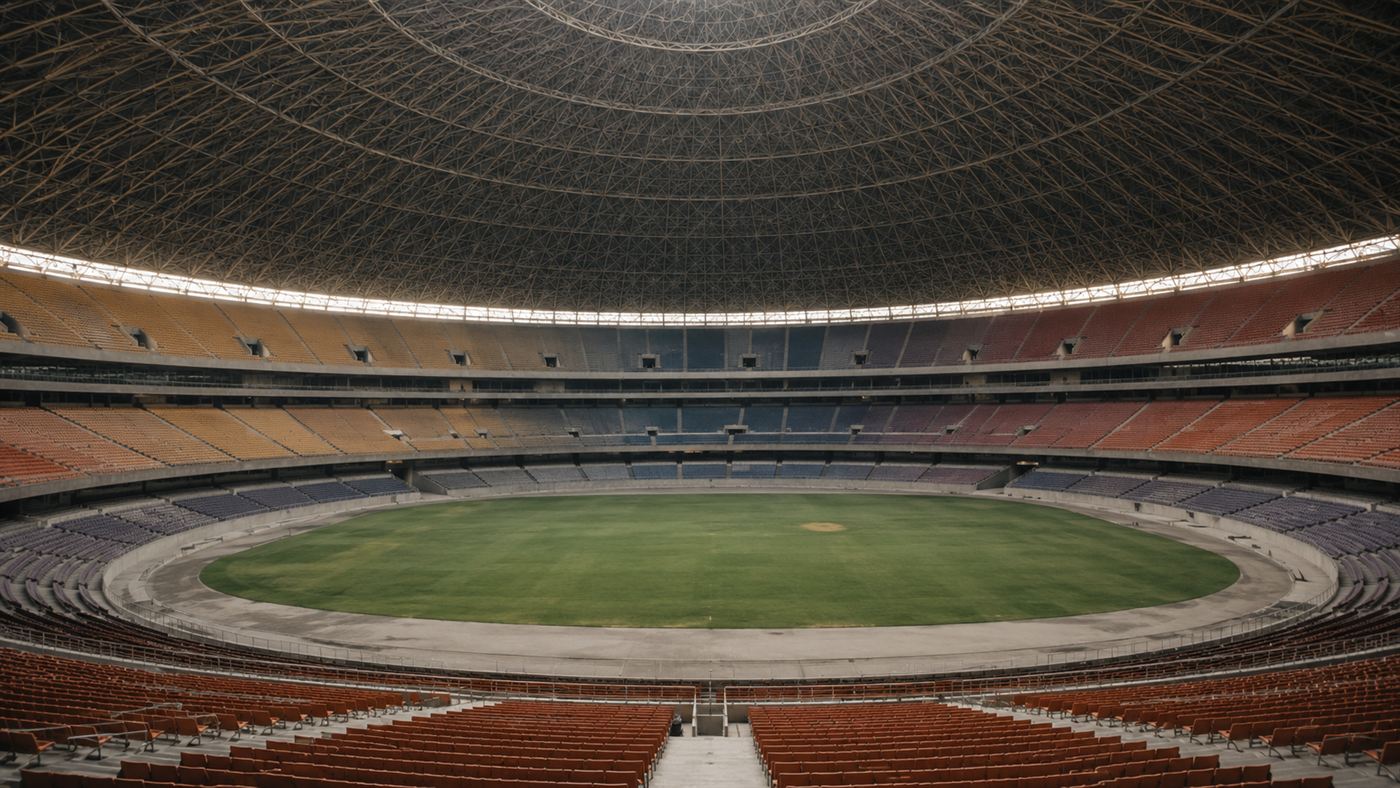 The vast domed interior of the Houston Astrodome with tiers of empty seats under a huge curved roof