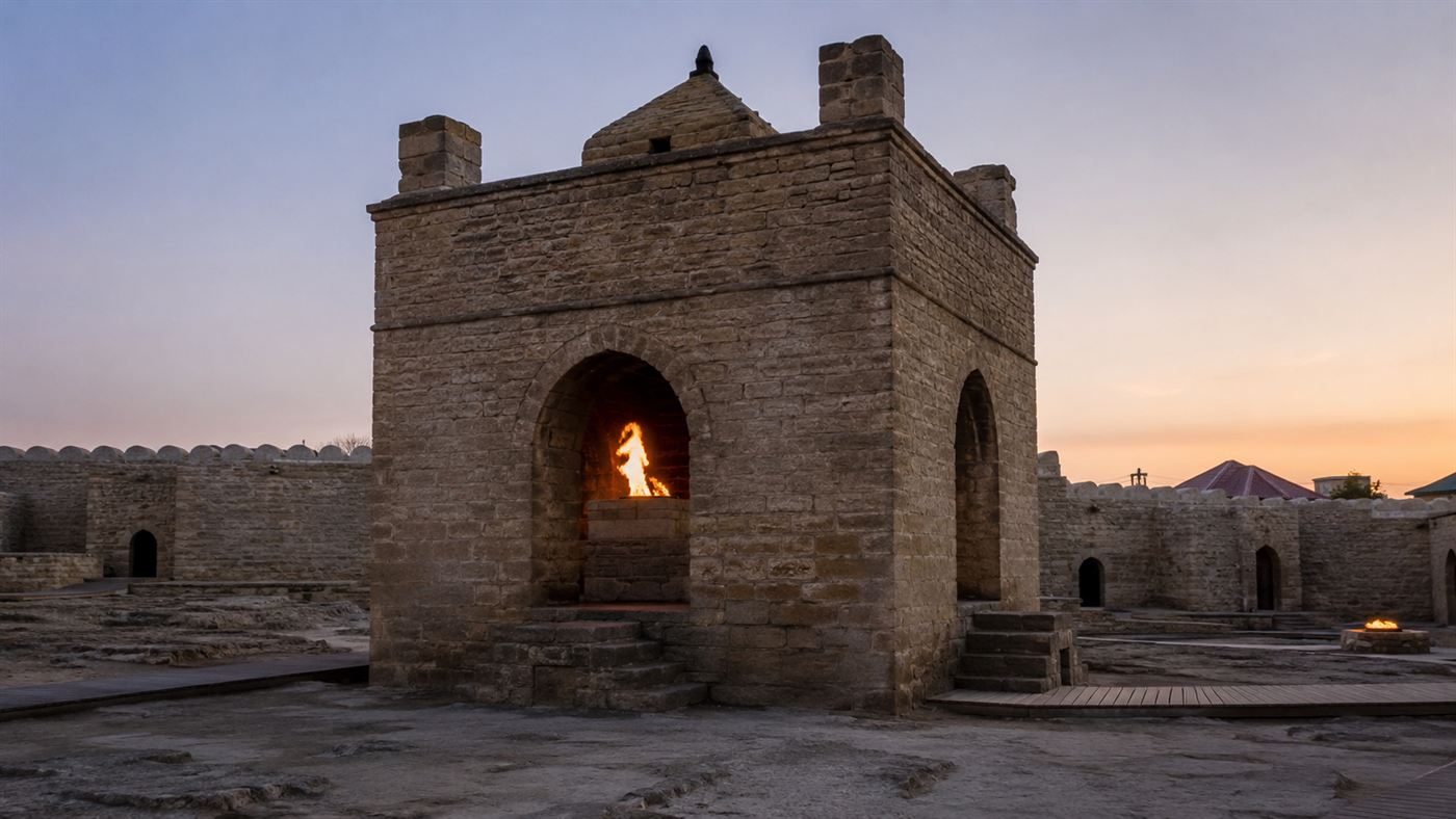The Ateshgah fire temple near Baku, a stone pentagonal temple built around a central flame