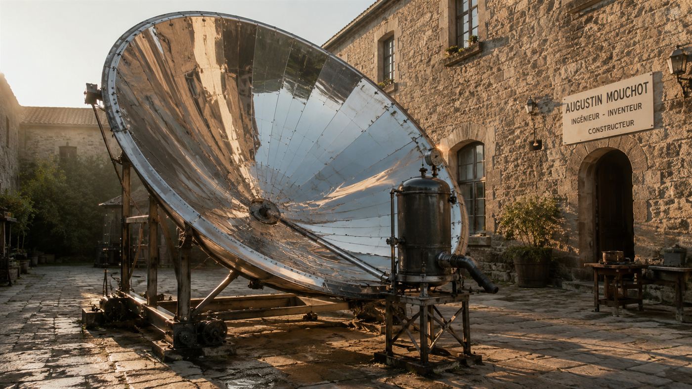 A large polished cone-shaped 19th-century solar concentrator aimed at the sun with a small central boiler in a stone courtyard