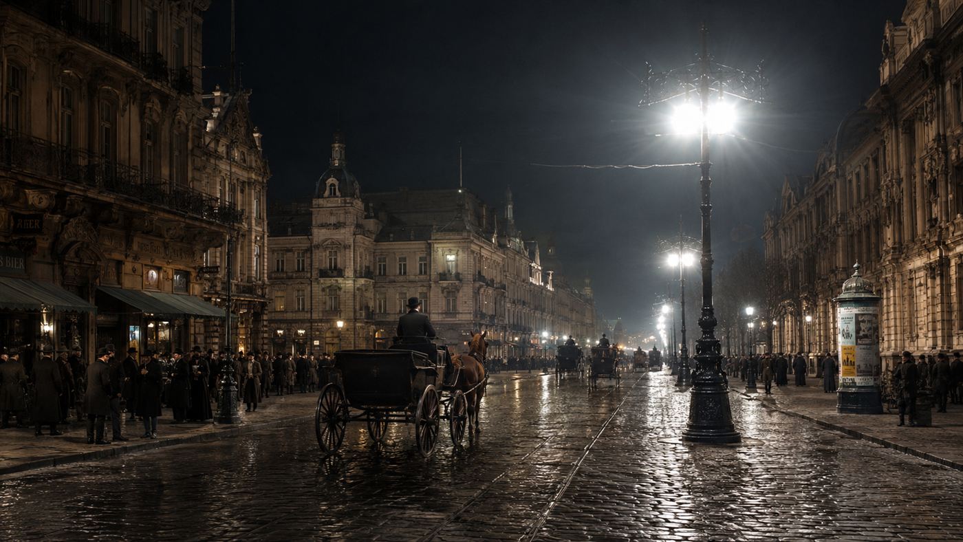 A late 19th-century city street at night lit by bright, glaring carbon arc lamps on tall poles