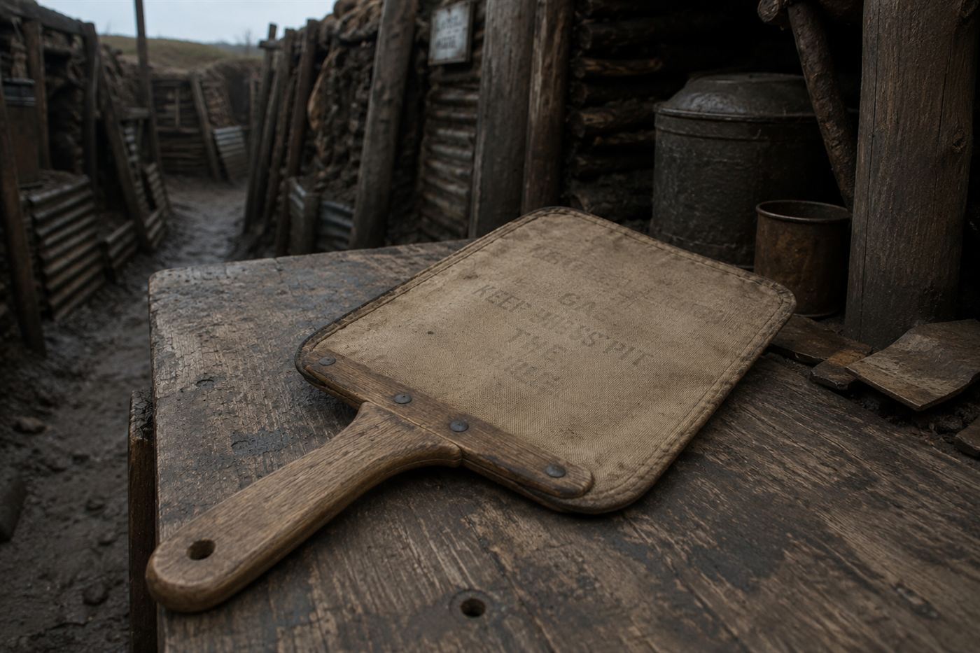 A simple hand-held fan device of the First World War era used to push gas out of a trench