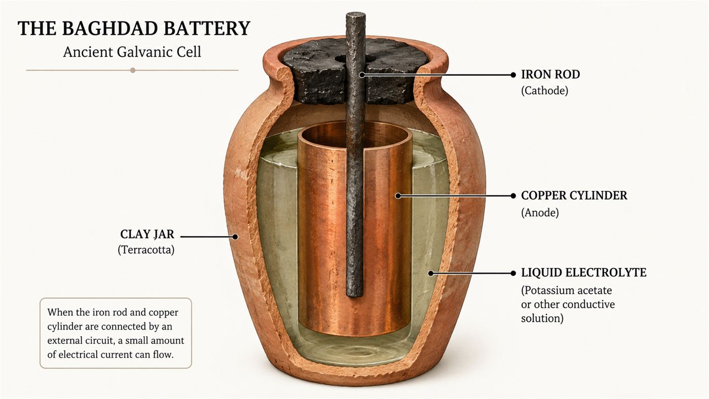 Cutaway illustration of the clay jar showing the copper cylinder and central iron rod surrounded by liquid, like a diagram of a simple cell