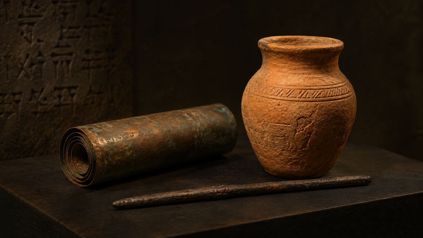 A small ochre clay jar beside a copper cylinder and an iron rod on a dark museum surface, lit like an ancient artifact