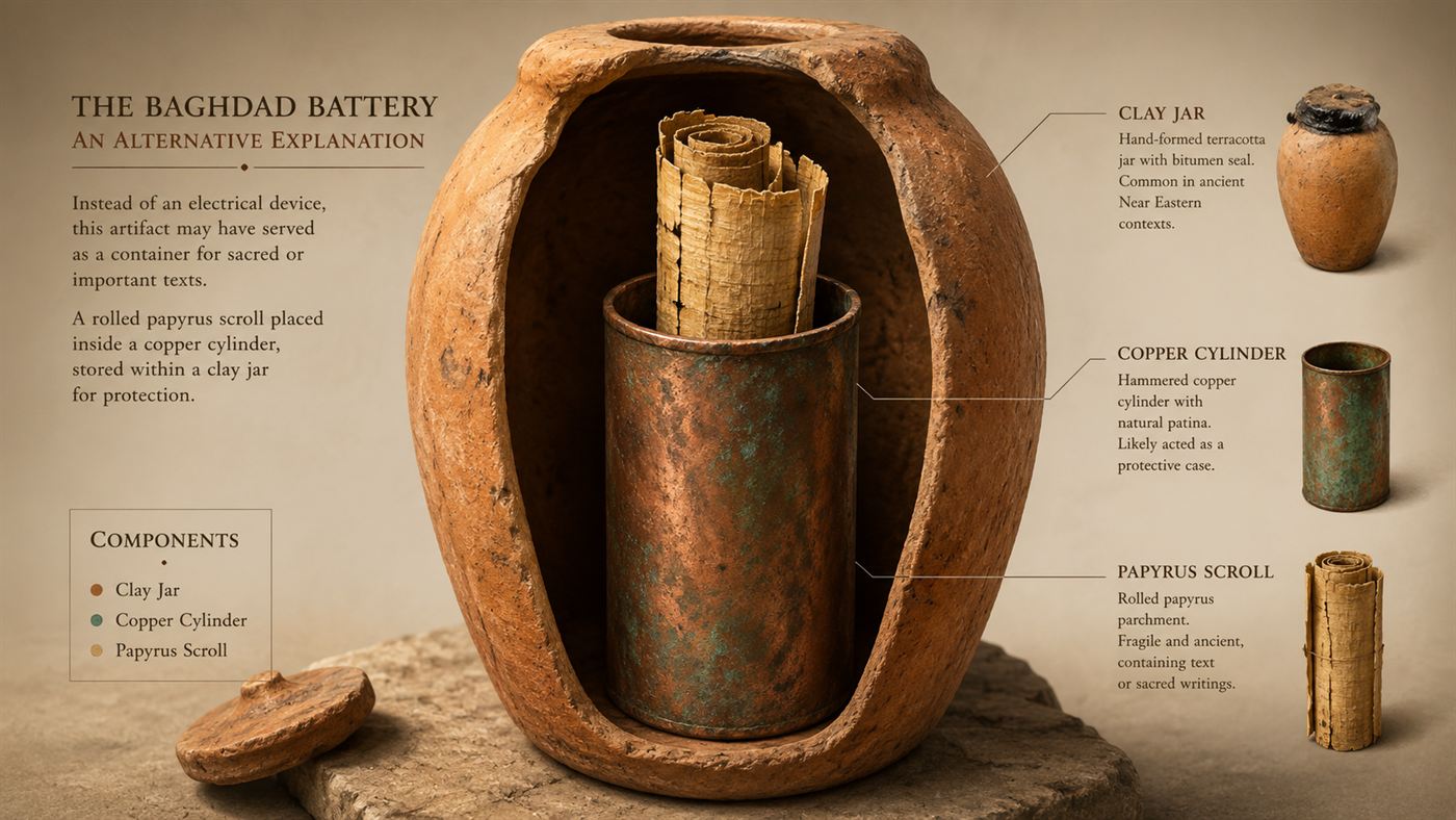 The same clay jar shown holding a rolled papyrus scroll inside the copper cylinder, suggesting it stored documents rather than acid