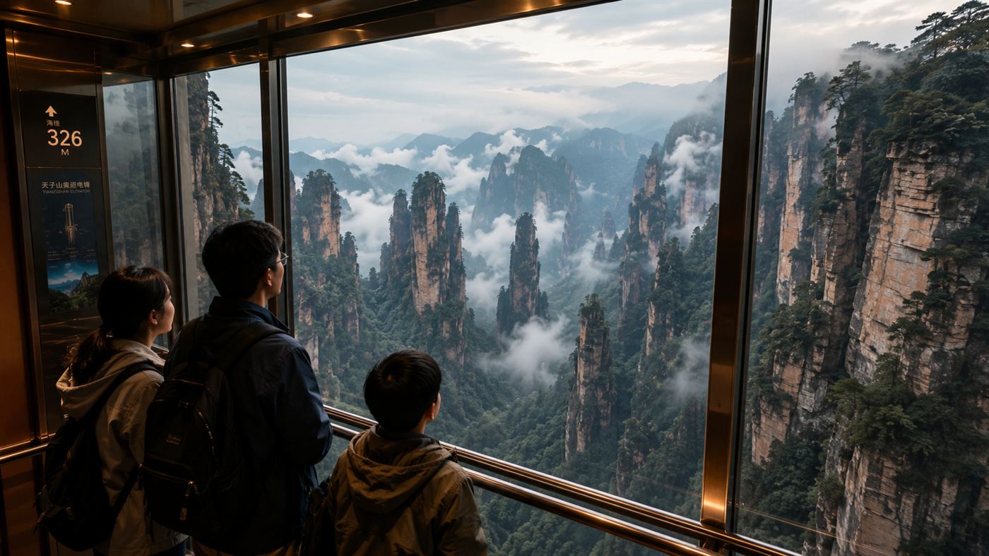 Inside a glass-walled elevator car looking out over a sea of tall sandstone peaks as visitors take in the view