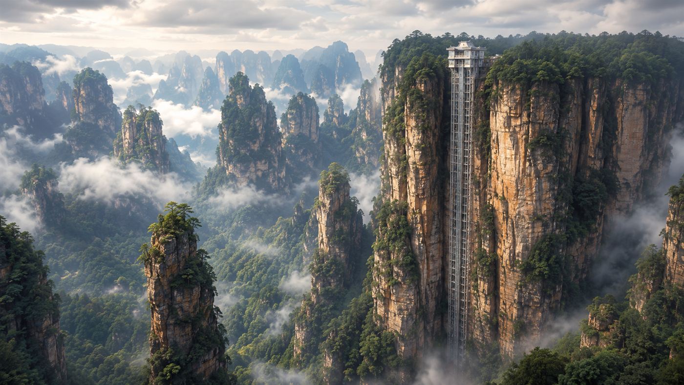 A tall glass-sided elevator structure climbing the face of a sheer sandstone cliff among the misty stone pillars of Zhangjiajie in China