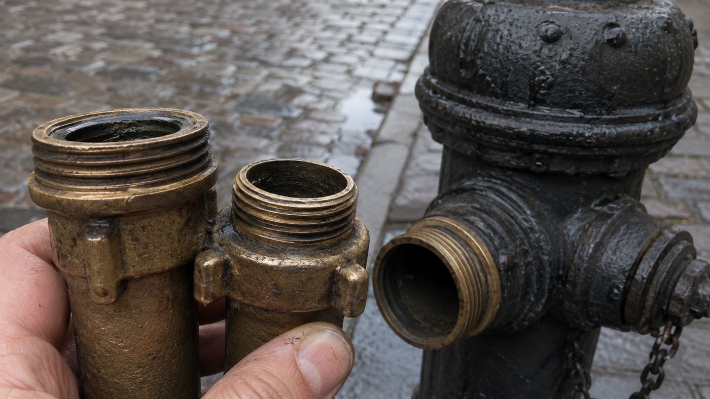 Close-up of two brass fire hose couplings from the early 1900s that do not match, held near a street hydrant