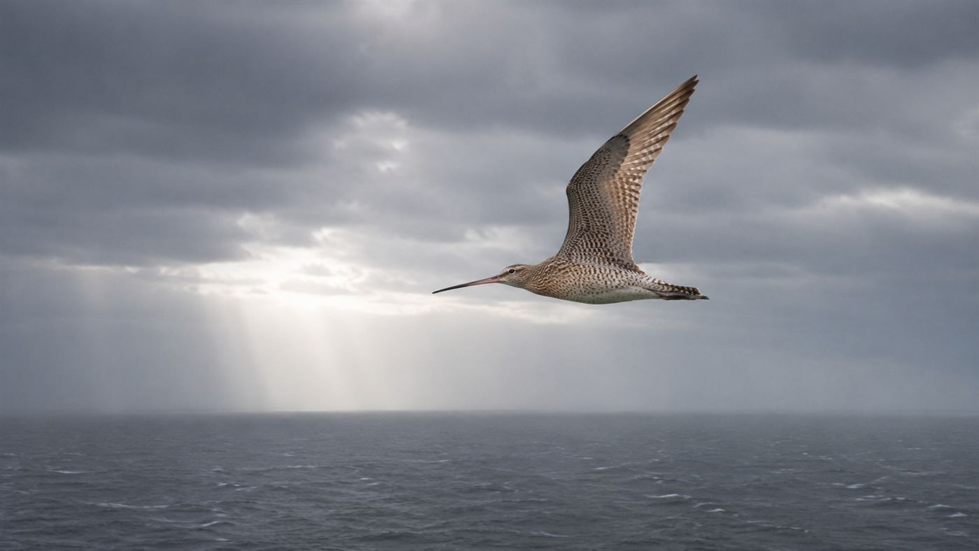 A bar-tailed godwit flying alone high over an empty grey ocean, the small shorebird that crosses the Pacific nonstop