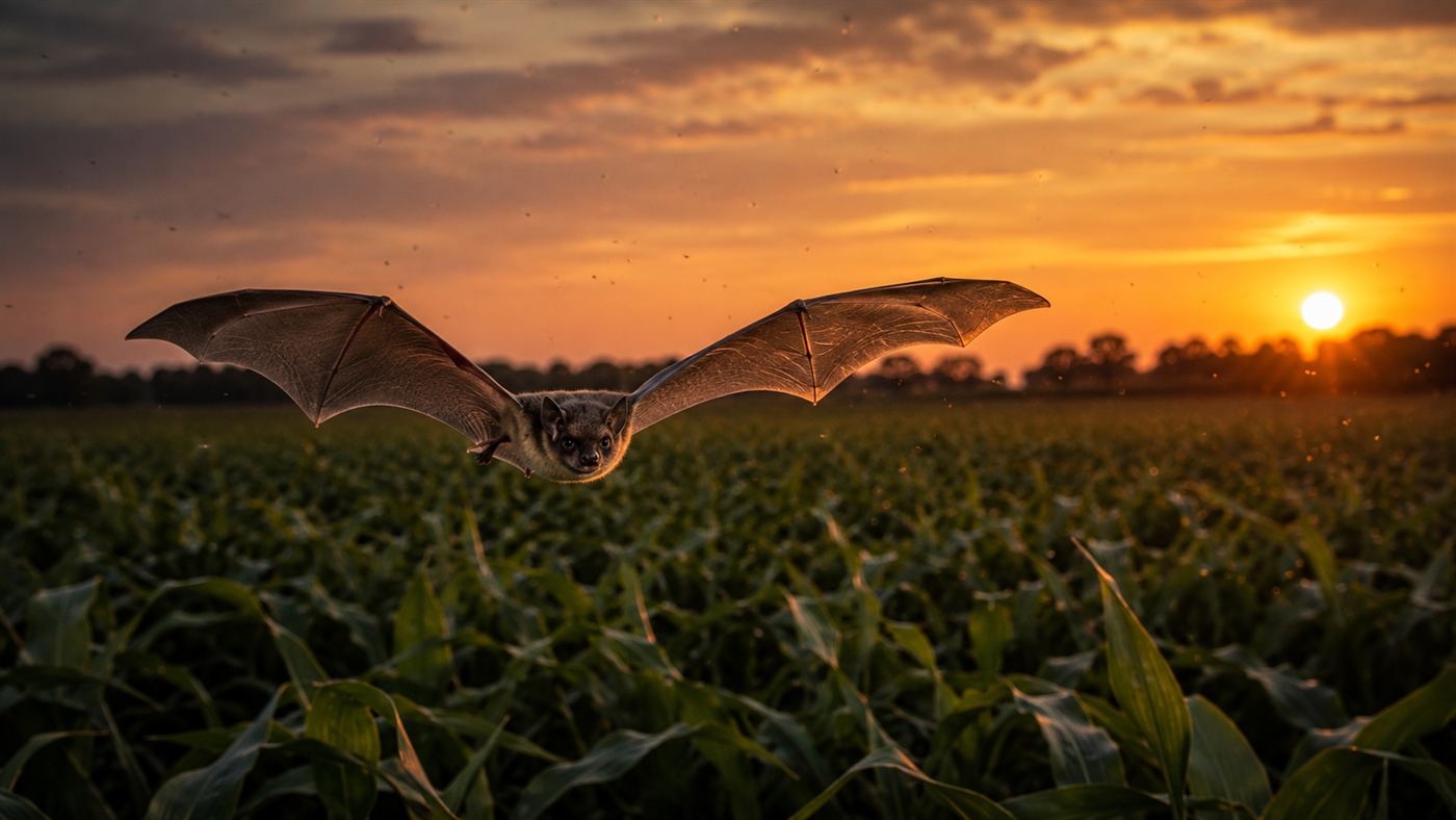 A bat flying over a farm field at dusk, the kind of natural pest control threatened by white-nose syndrome