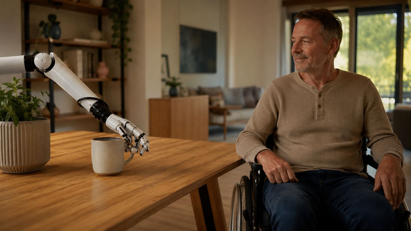 An assistive robotic arm reaching for a cup, controlled by a person's brain signals