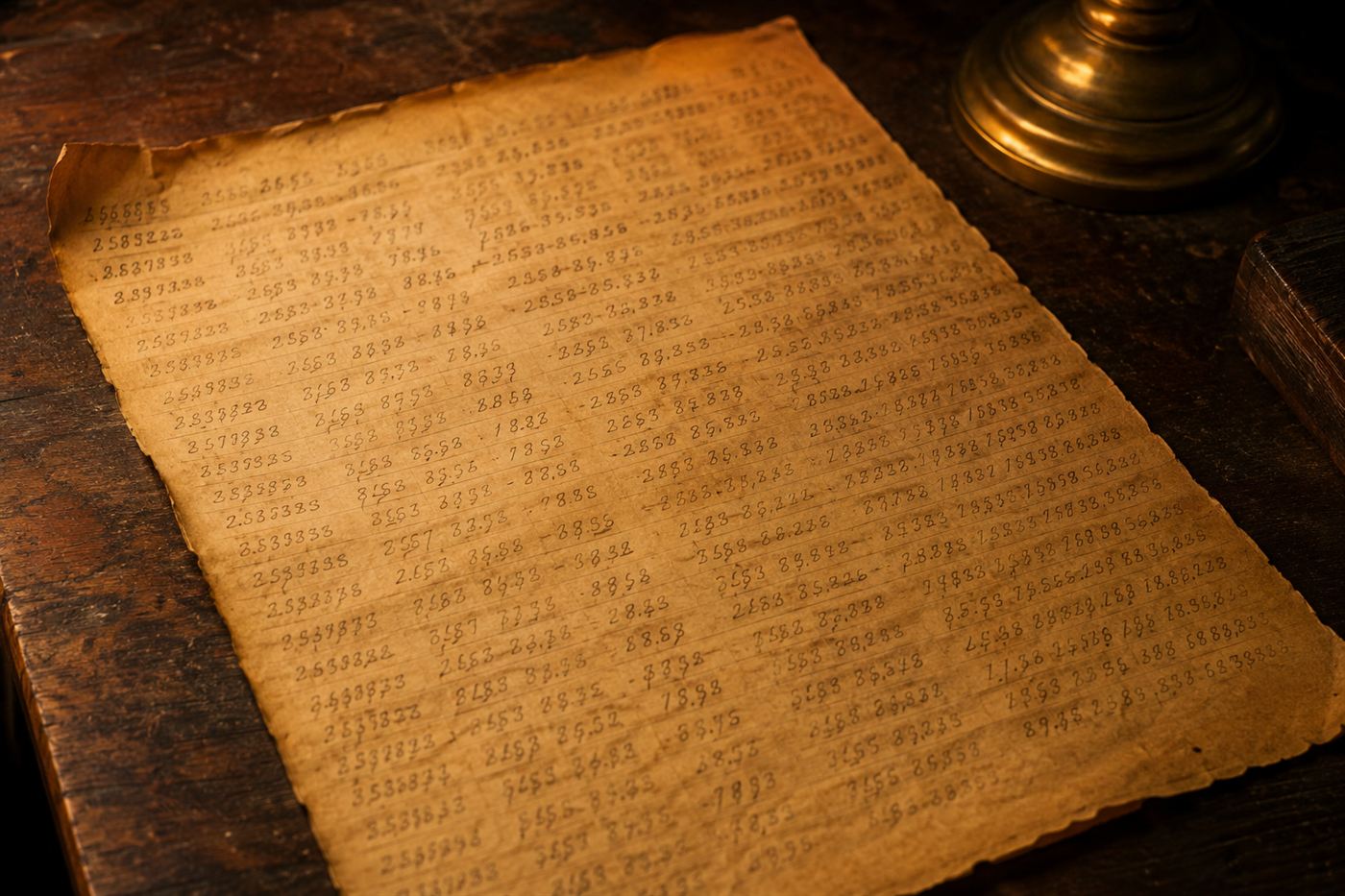 An old sheet of paper covered in long rows of handwritten numbers, representing one of the Beale ciphers on a wooden desk