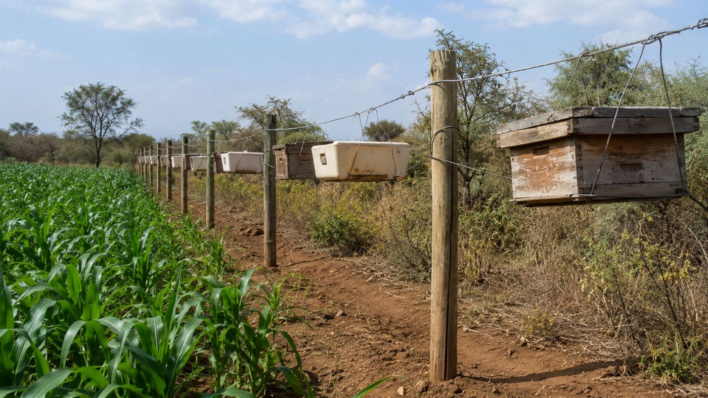 A close view of a beehive fence: wooden box hives and lighter dummy hives hung on wires between wooden posts, with green maize growing safely inside the fence line