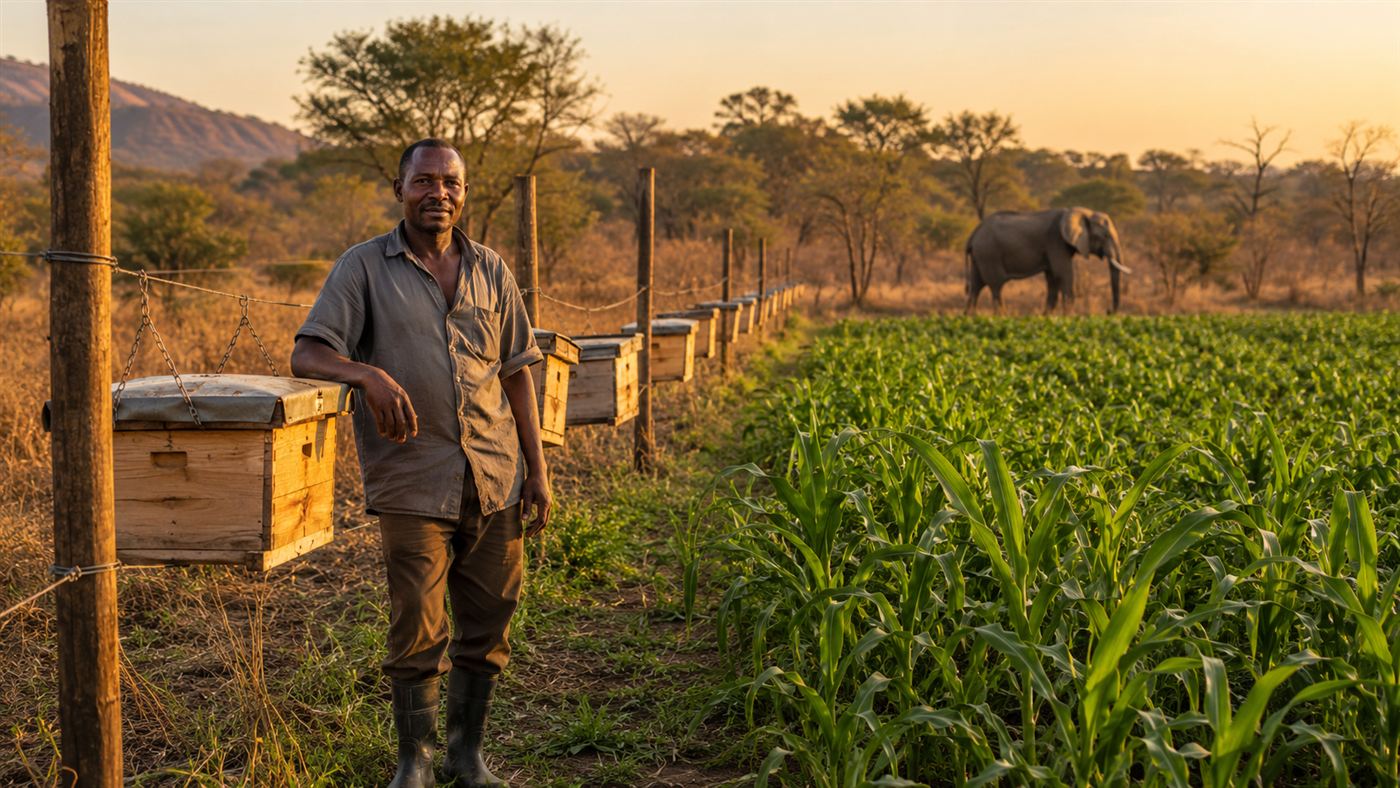 An African smallholder farmer standing at the edge of his maize field beside a beehive fence of wooden hives strung on wires, with a wild elephant in the savannah behind him at golden hour