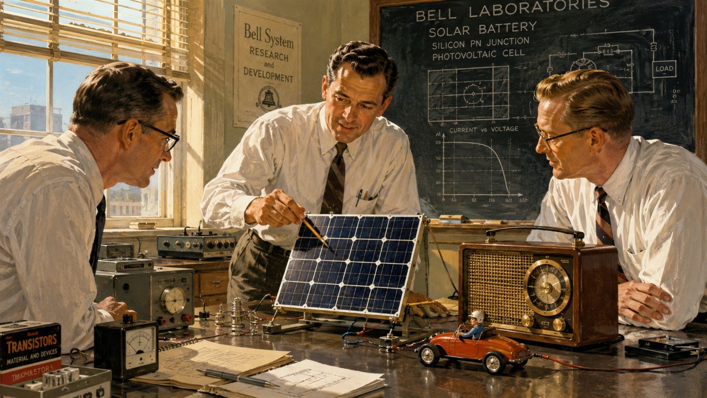 A 1950s laboratory scene with researchers in white shirts and ties demonstrating a small solar panel powering a toy on a workbench in warm sunlight