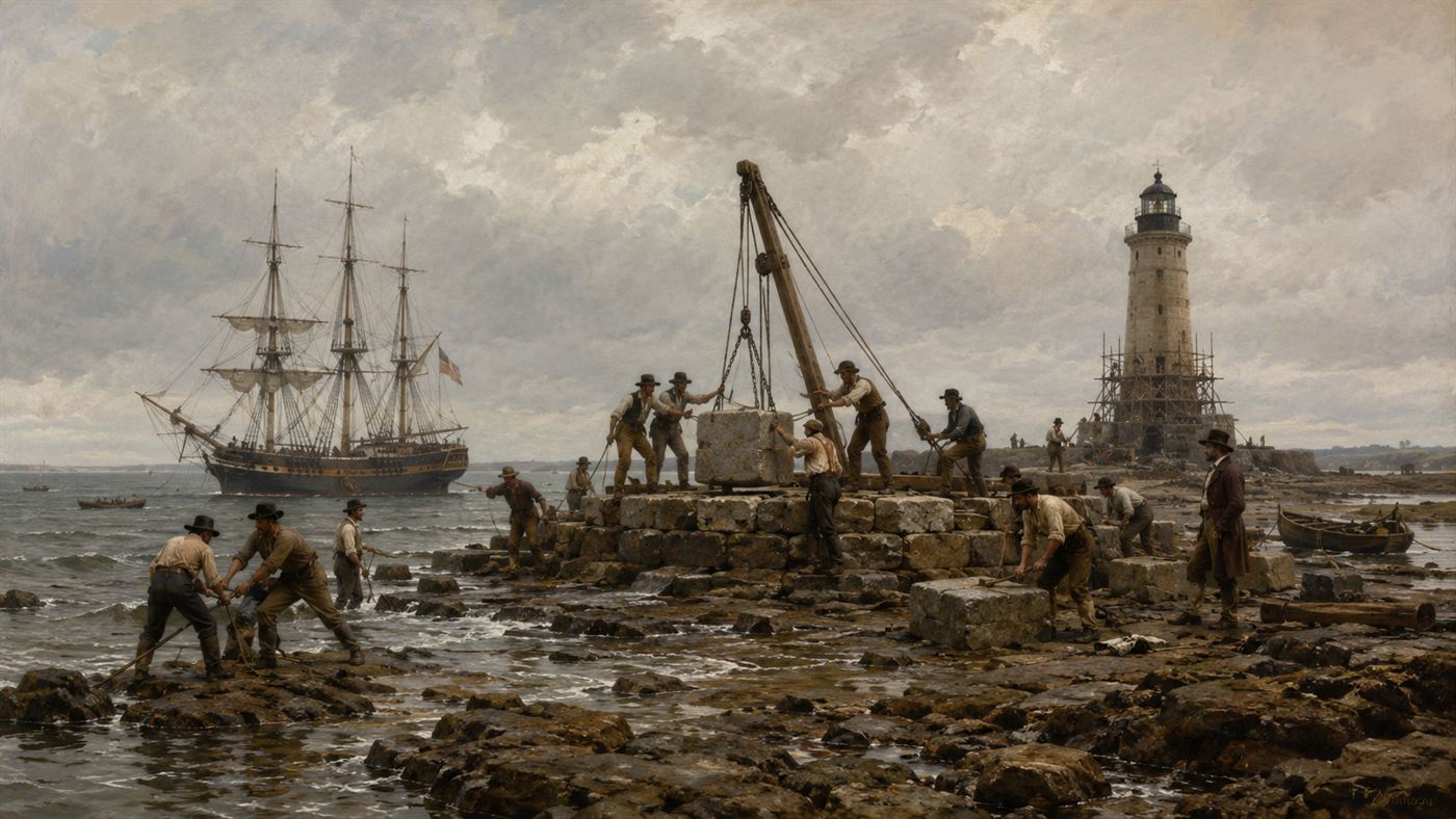 Early 1800s workers on a wave-washed reef at low tide building the stone base of a lighthouse, with a sailing supply ship anchored nearby