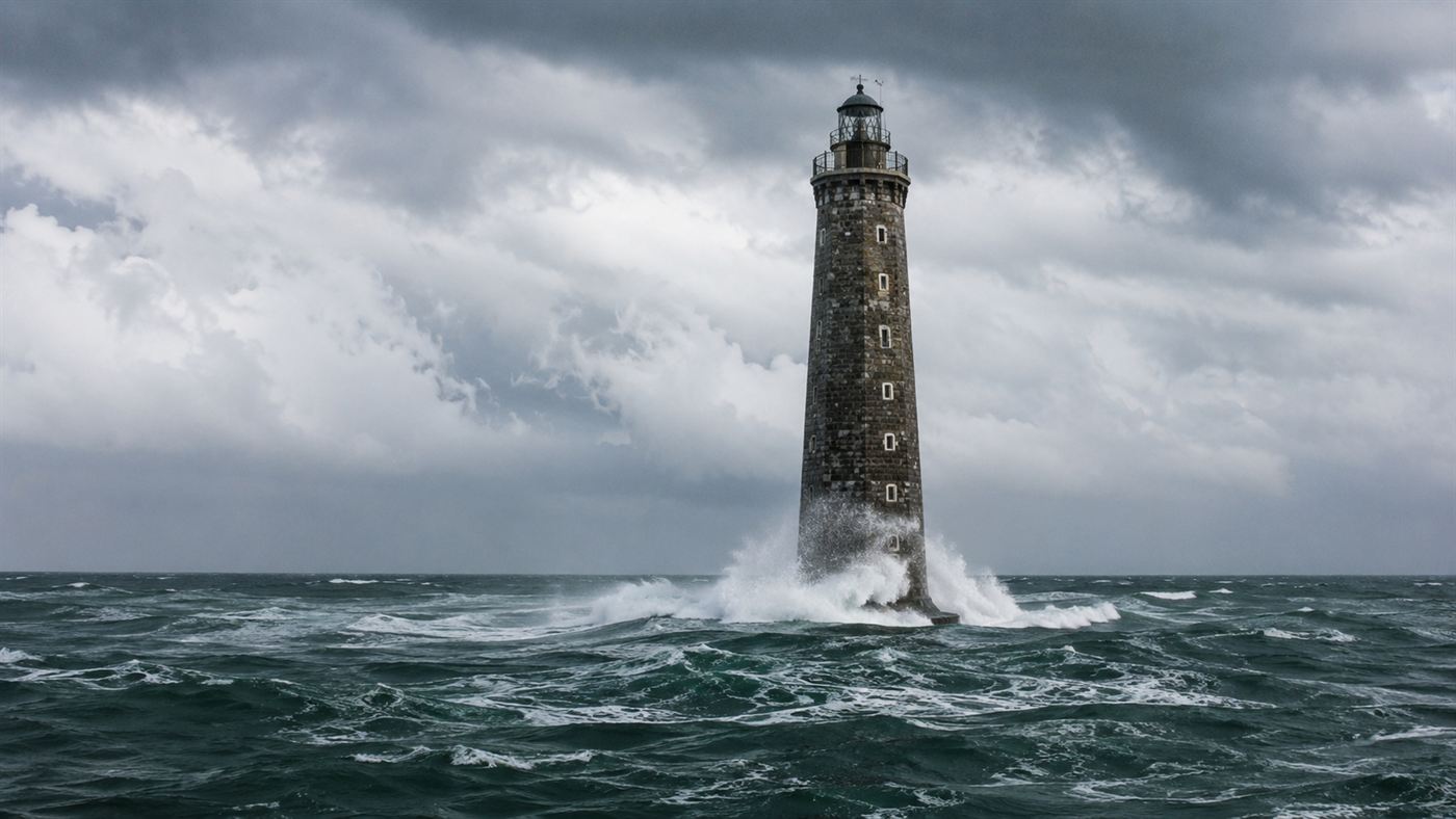 A tall stone lighthouse rising straight out of the open grey sea with white waves crashing around its base and no land in sight