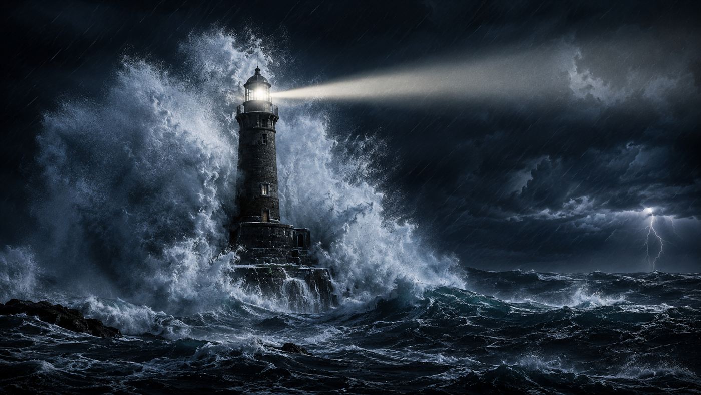 The finished stone lighthouse at night battered by a towering storm wave, its beam of light cutting across the dark sea