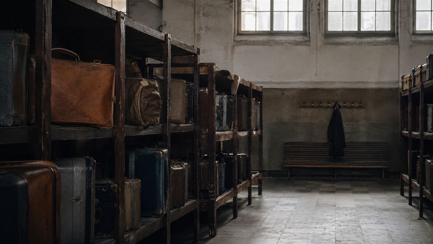 A dim 1970 railway station left-luggage room with rows of old suitcases on wooden shelves