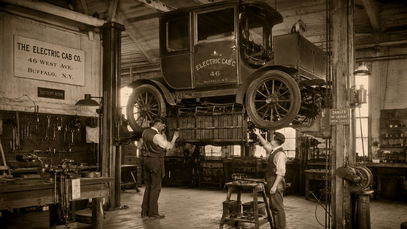 The underside of an 1890s electric cab showing a heavy bank of glass-plate batteries slung beneath the chassis