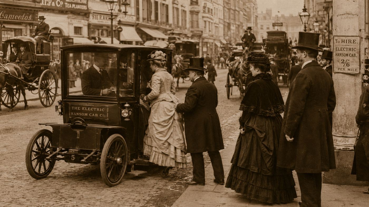 Victorian passengers boarding an electric hansom cab on a busy 1890s London street