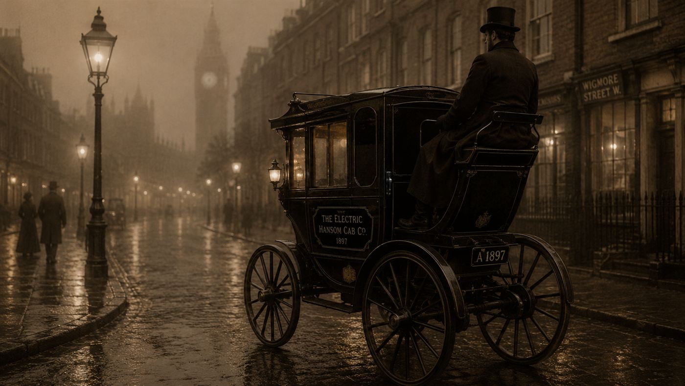 A Bersey electric cab, a Victorian battery-powered hansom, on a foggy gas-lit London street in 1897