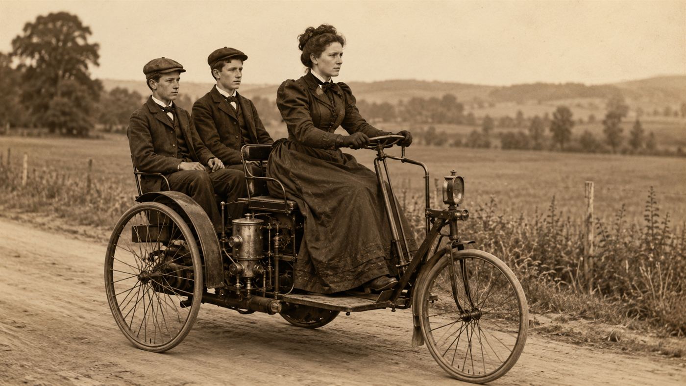 Bertha Benz driving the three-wheeled Benz Motorwagen along a country road in 1888 with her two sons