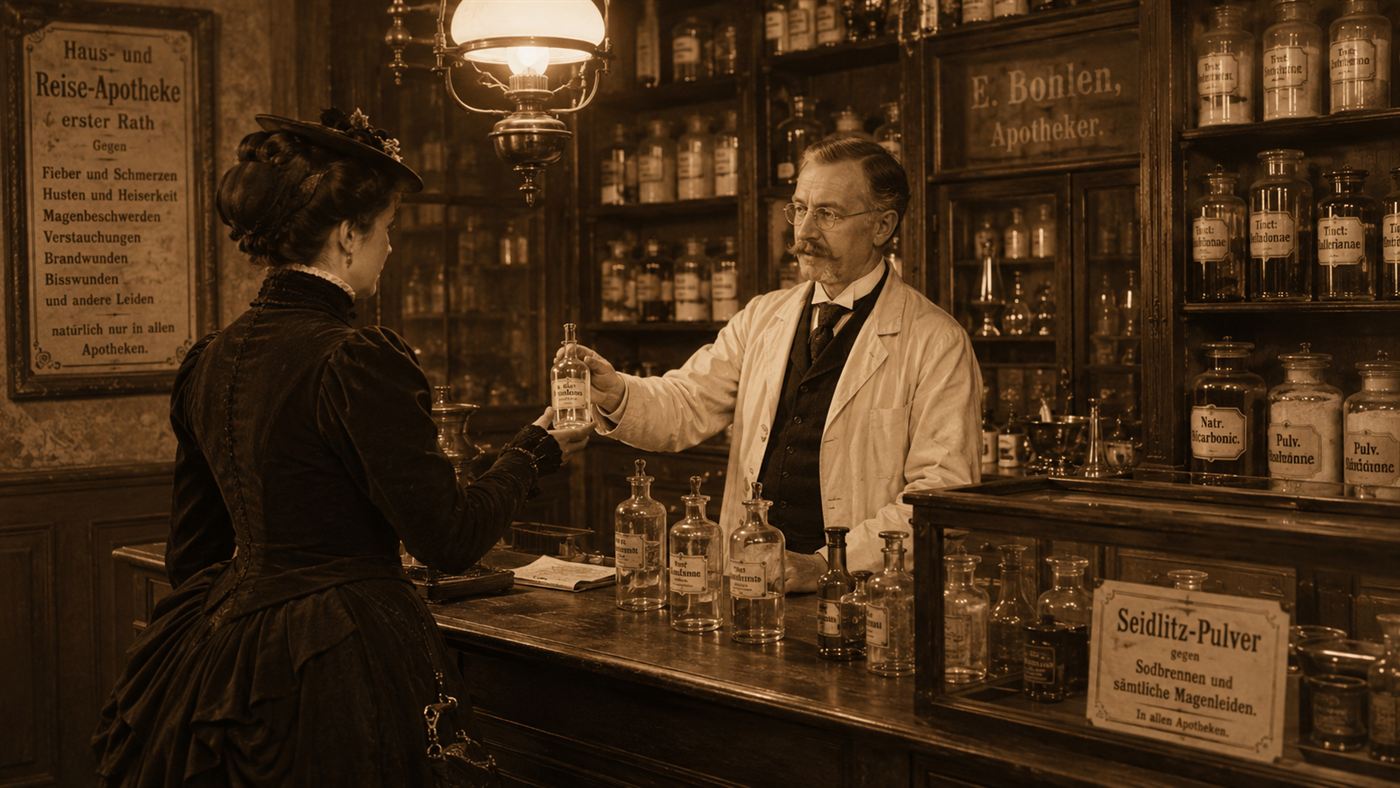 Bertha Benz buying fuel in glass bottles at a 19th-century German pharmacy