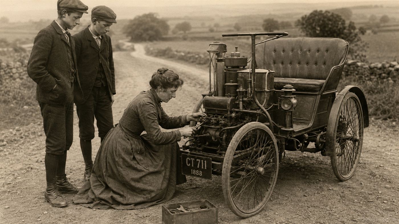 Bertha Benz kneeling to repair the early Benz Motorwagen at the roadside while her sons watch