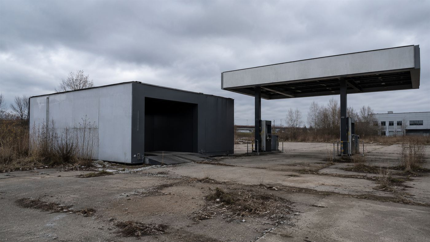An empty, abandoned electric car battery swap station after the startup's bankruptcy