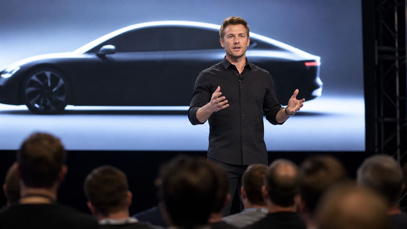 A charismatic tech founder presenting the Better Place electric car vision on a bright keynote stage