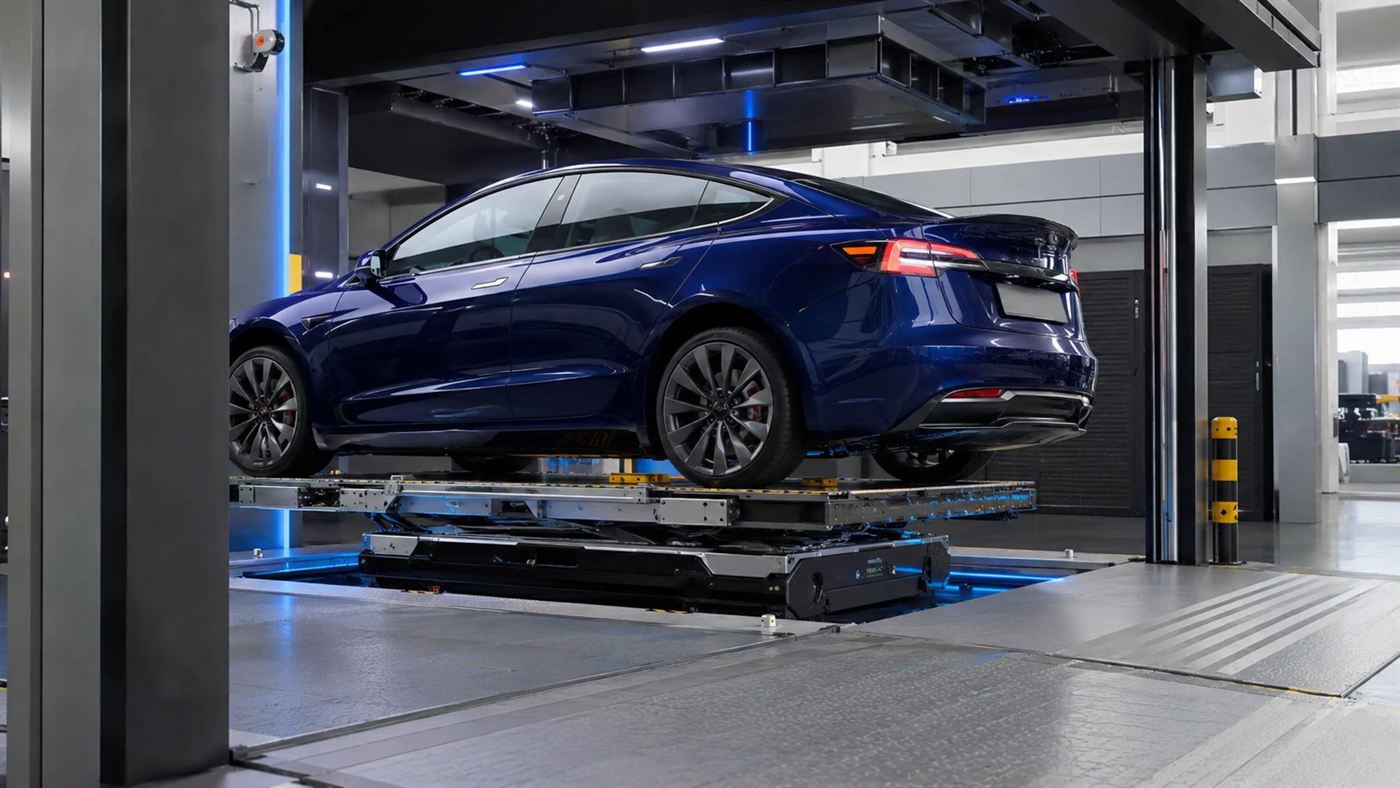 A robotic battery swap station lifting the pack from underneath an electric sedan, the Better Place battery swap concept