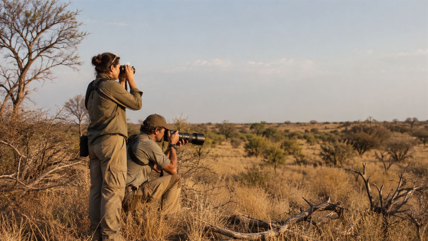 Field researchers with binoculars and a camera scanning dry savanna in an African wildlife reserve