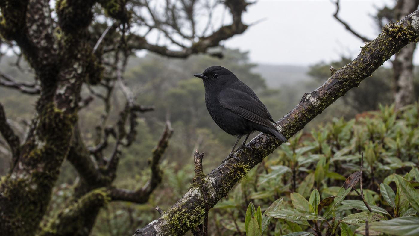 A small black robin perched on a mossy branch on a windswept Chatham Island