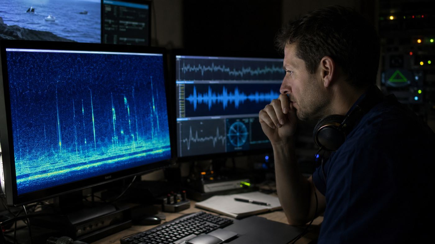 A scientist studying a glowing spectrogram of the Bloop sound on a monitor in a dim ocean-acoustics lab