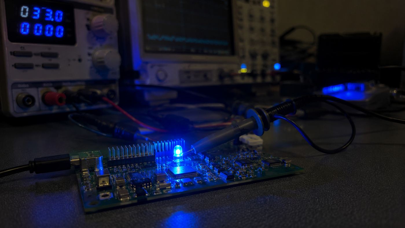 A single bright blue LED glowing on a circuit board in a dim laboratory