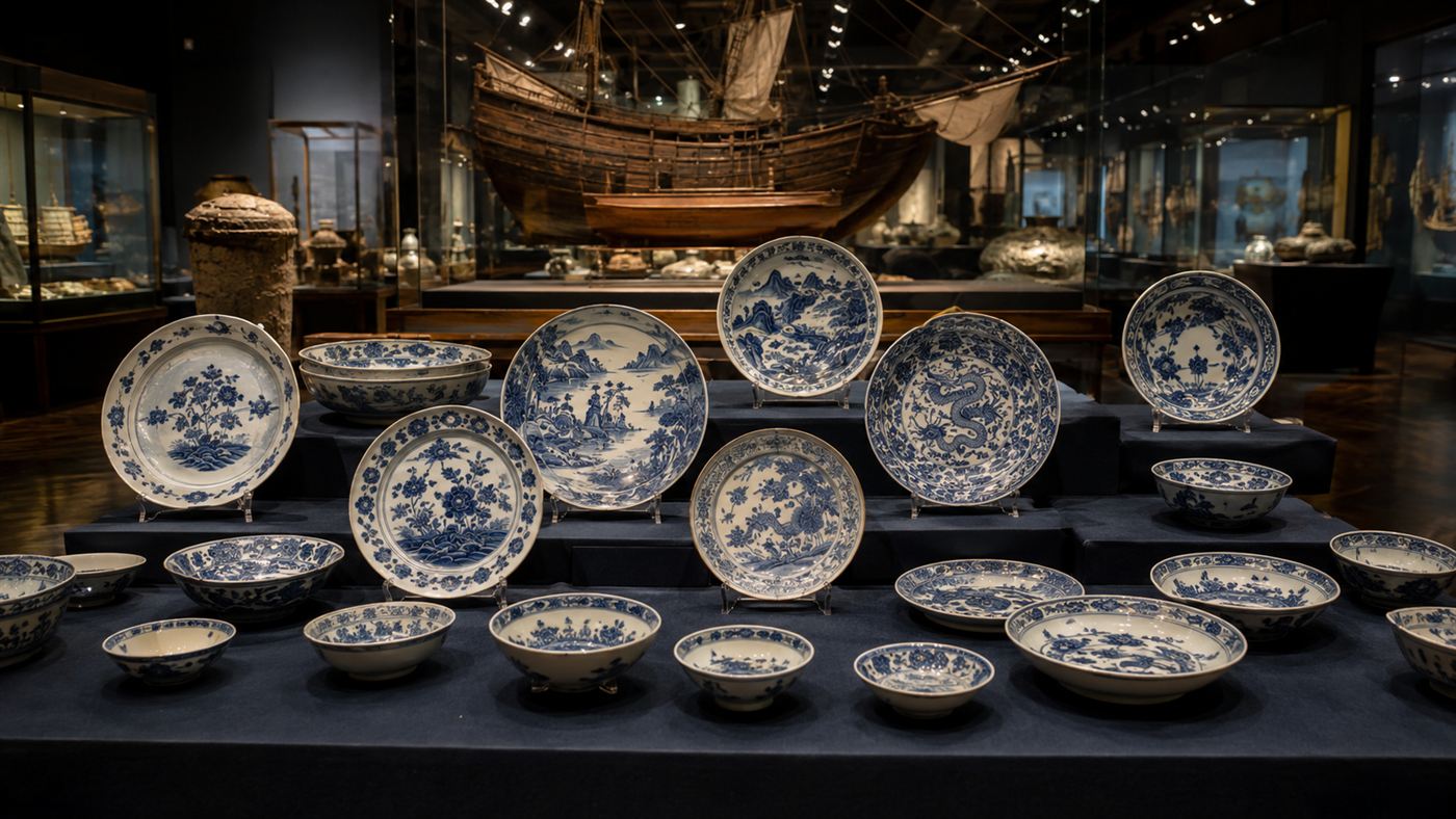 Recovered antique blue and white Chinese dishes laid out on a table at a maritime museum