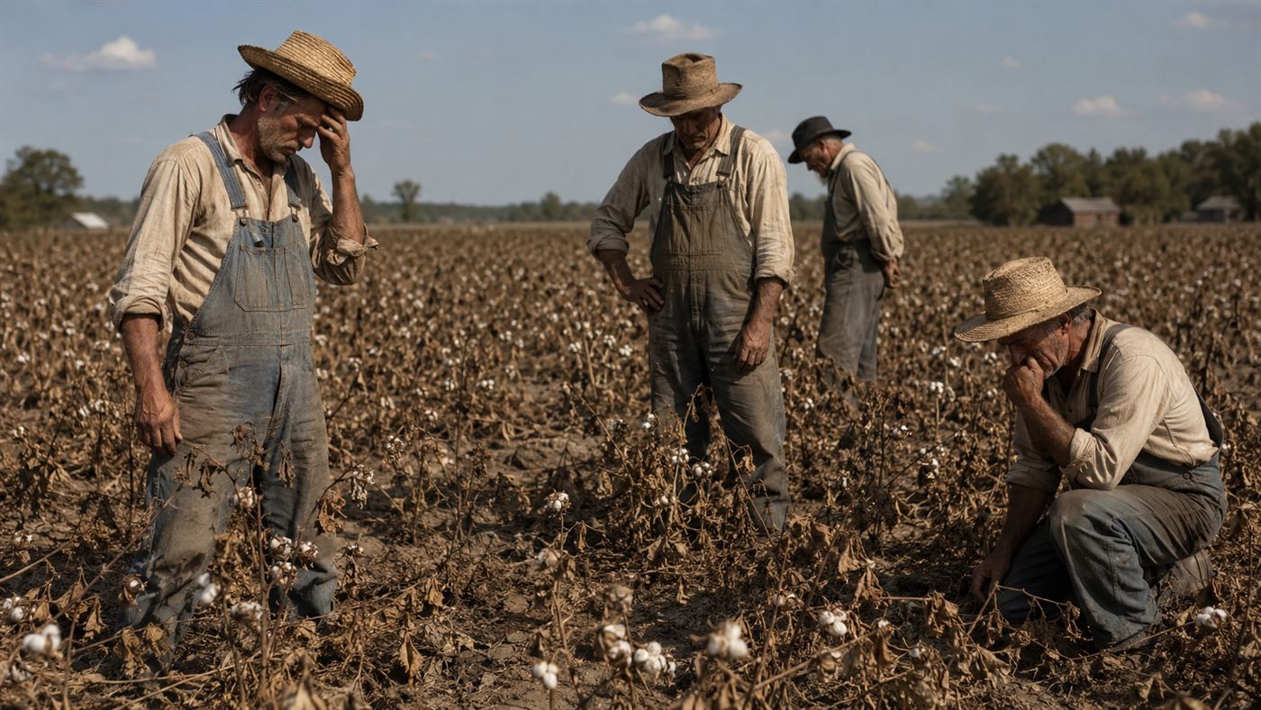 A 1910s Alabama cotton field damaged by boll weevils, with worried farmers inspecting the ruined plants