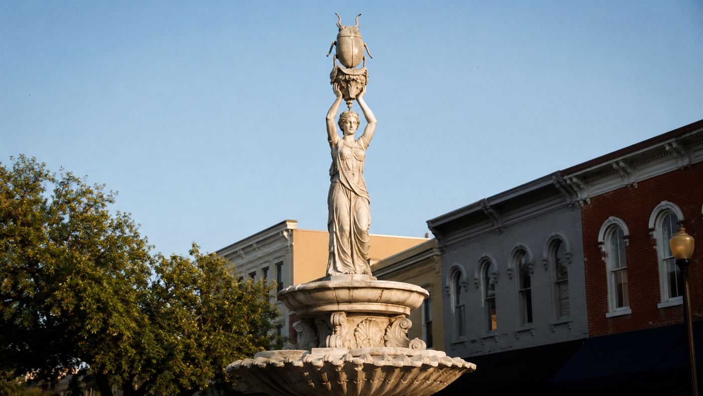 A classical statue of a robed woman holding a boll weevil aloft in the town square of Enterprise, Alabama