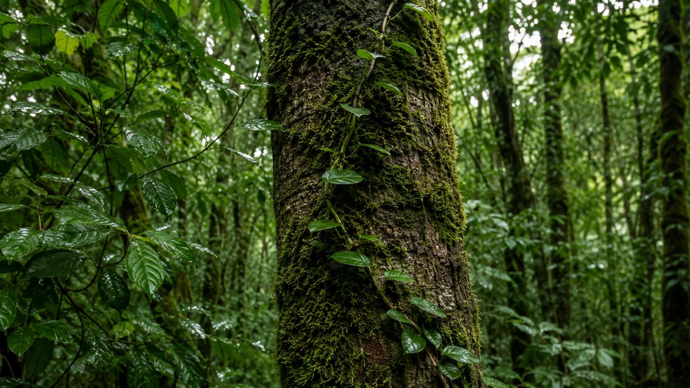 A slender Boquila vine winding up a mossy tree in a temperate rainforest, its leaves blending in with the host tree's foliage