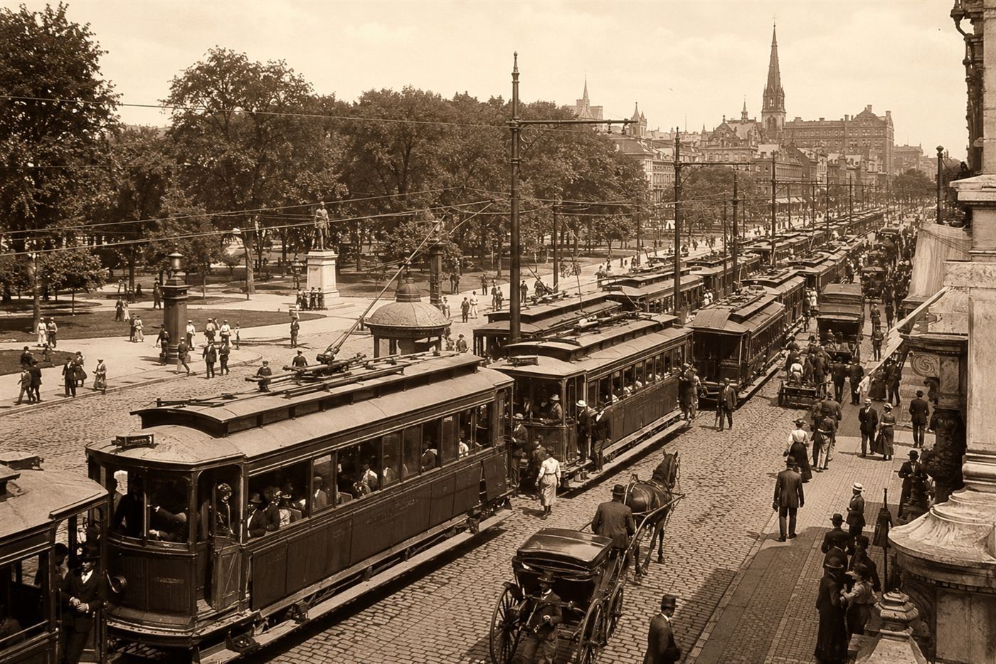 An 1890s view of Boston Common with the city beyond, crowded with electric streetcars on the surrounding streets before the subway