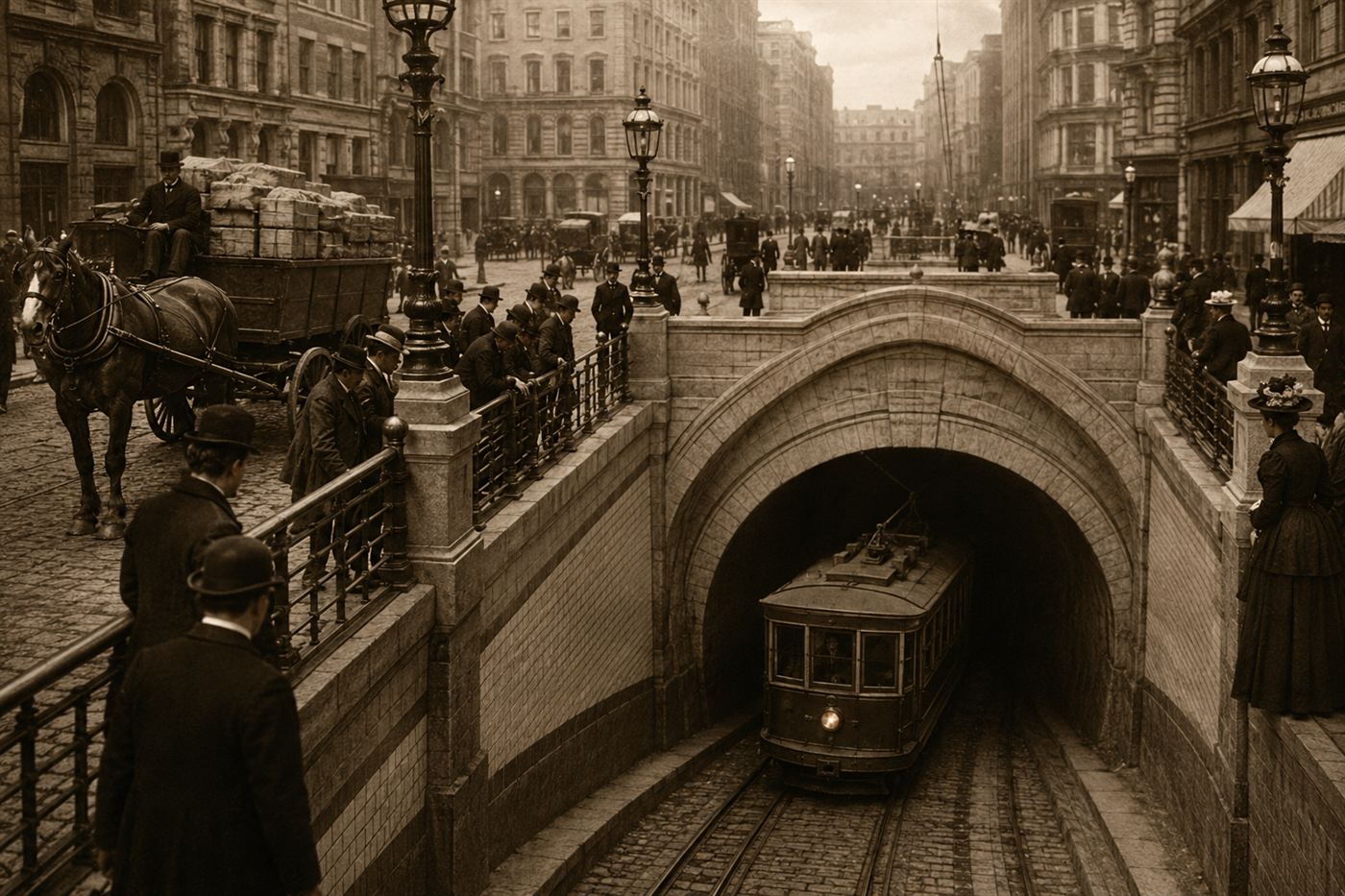 An 1890s electric streetcar entering the tiled tunnel portal of the new Tremont Street Subway in Boston, the first subway in America