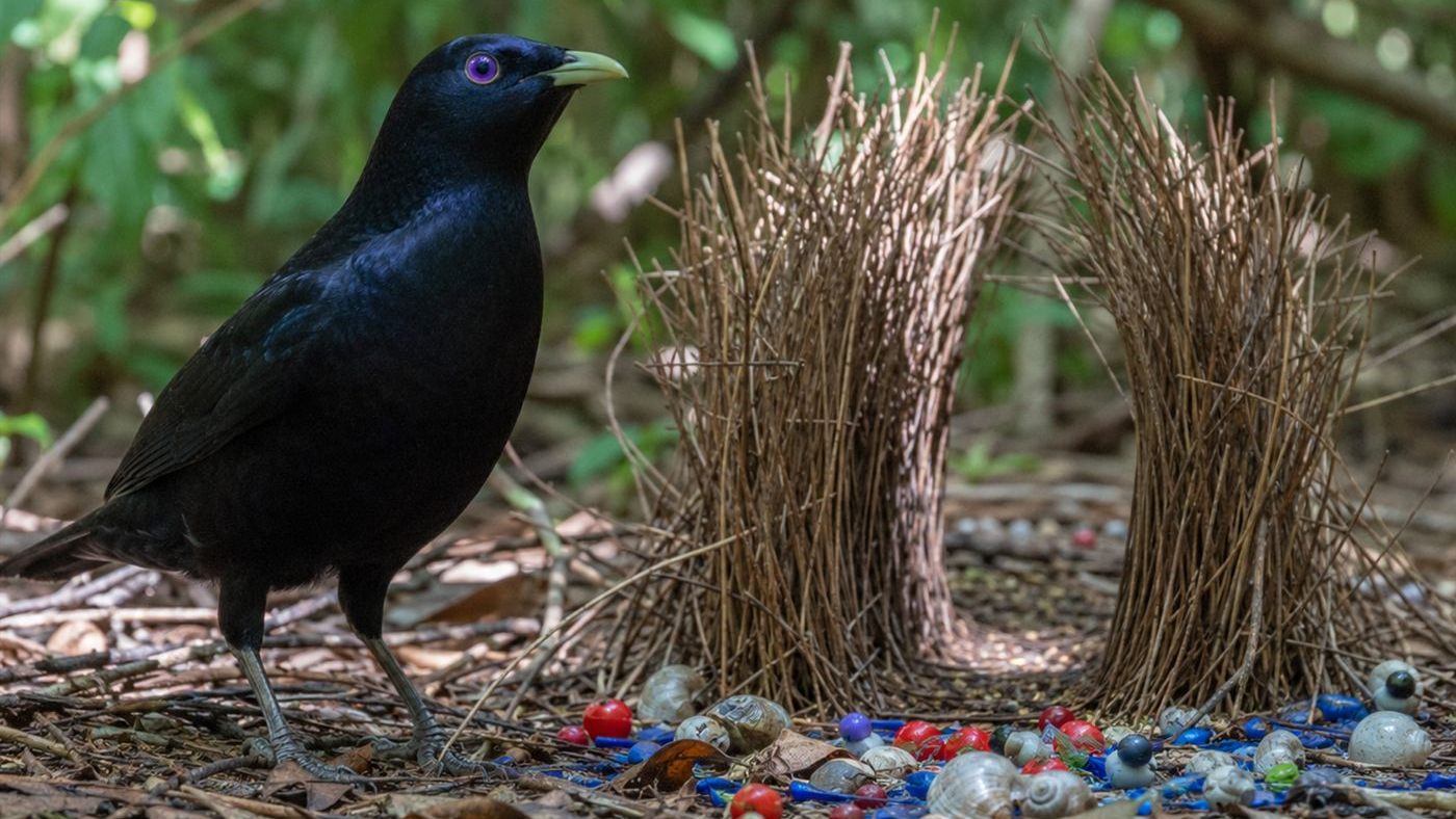 A male bowerbird at its decorated stick bower on the forest floor, the structure it builds to court mates