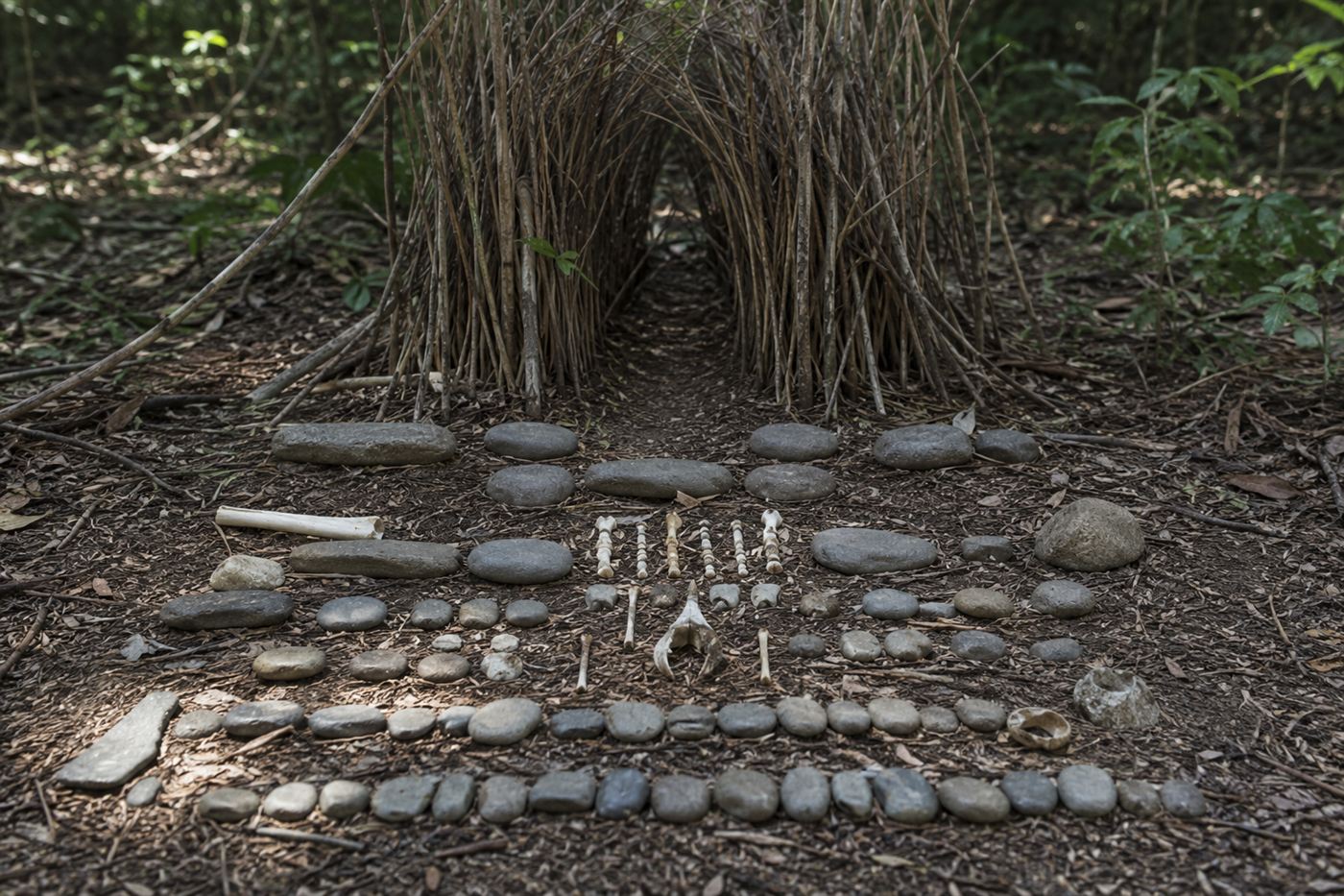 A court of grey stones and bones arranged by size in front of a bower, the great bowerbird's forced-perspective layout