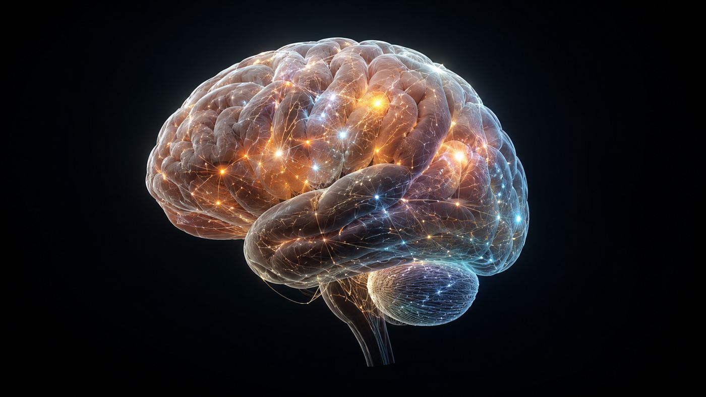 A conceptual illustration of a human brain with glowing mapped regions and neural connections