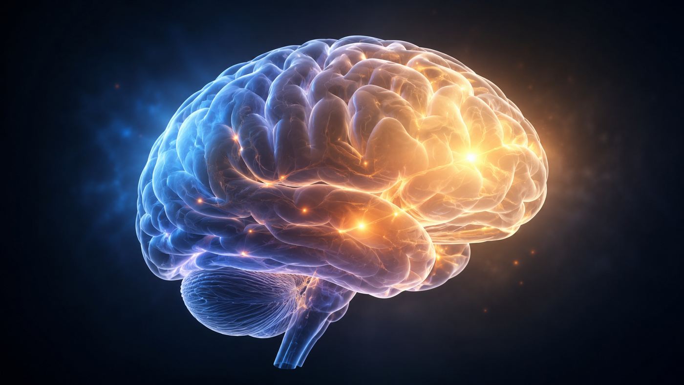A conceptual illustration of a human brain with soft glowing regions representing pain relief