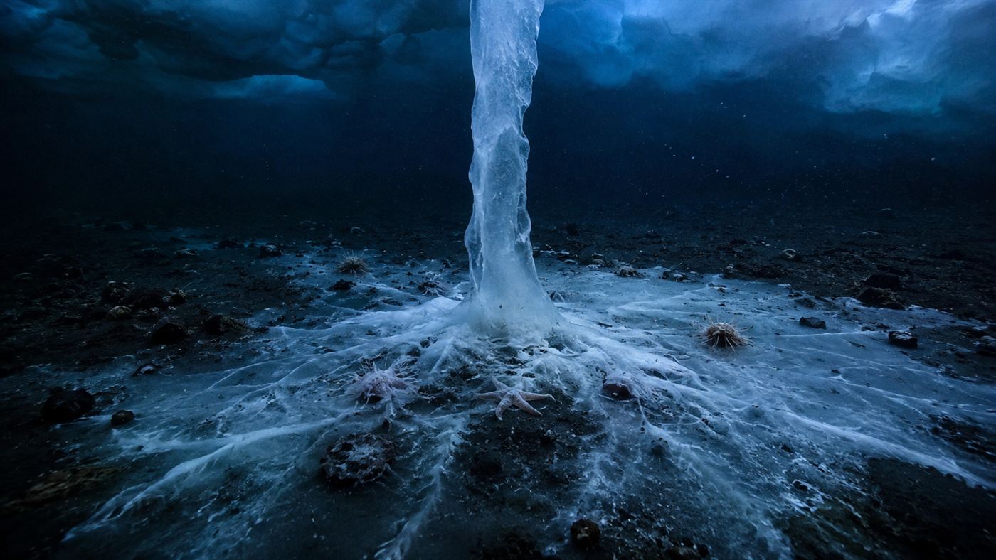 A brinicle reaching the seabed, with a spreading web of ice freezing starfish and urchins on the ocean floor