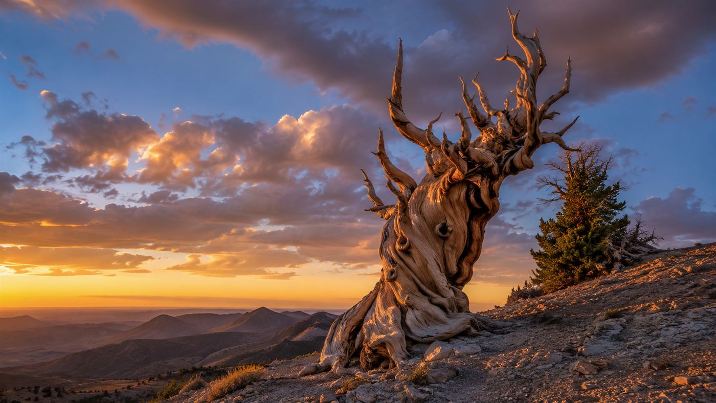 A gnarled, twisted ancient bristlecone pine tree on a barren high mountain ridge at golden hour, its weathered trunk shaped by millennia of wind