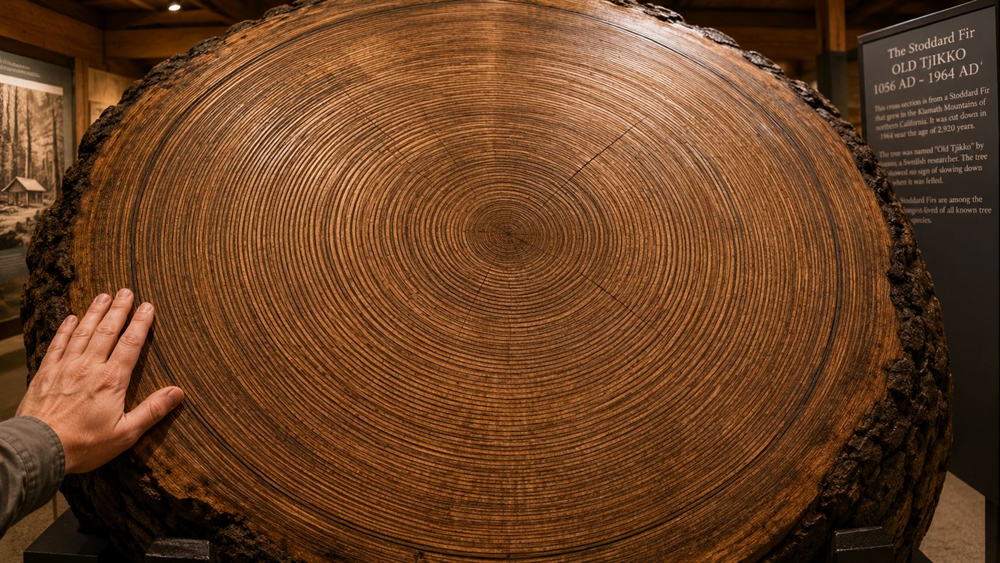 A polished cross-section of ancient pine wood showing thousands of tightly packed growth rings, with a hand for scale