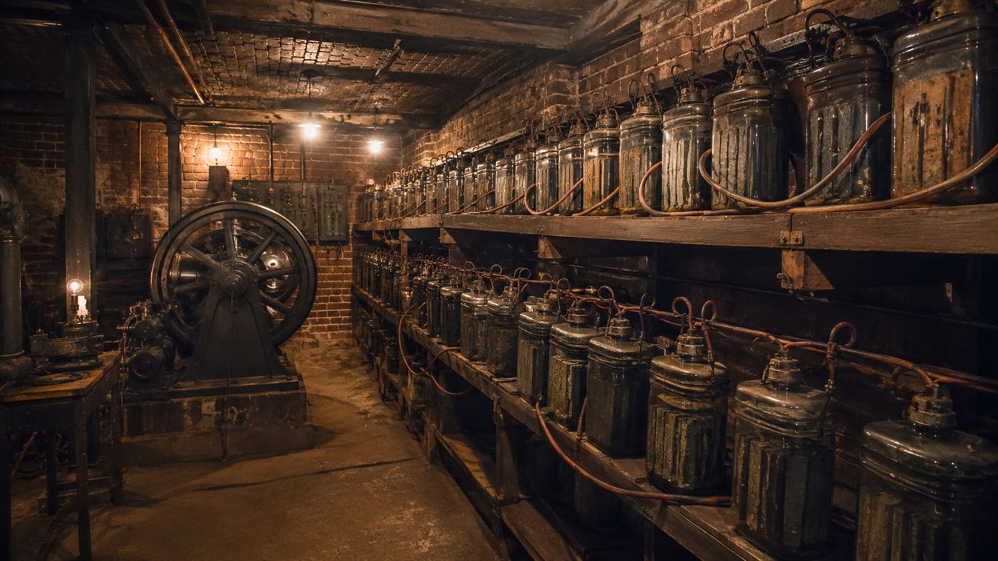 Rows of glass-jar batteries and a dynamo in the cellar of Charles Brush's mansion storing wind electricity