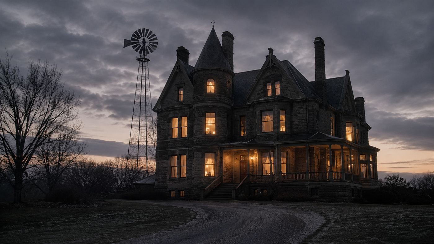 Charles Brush's Cleveland mansion at dusk with windows glowing from electric lights powered by his wind turbine